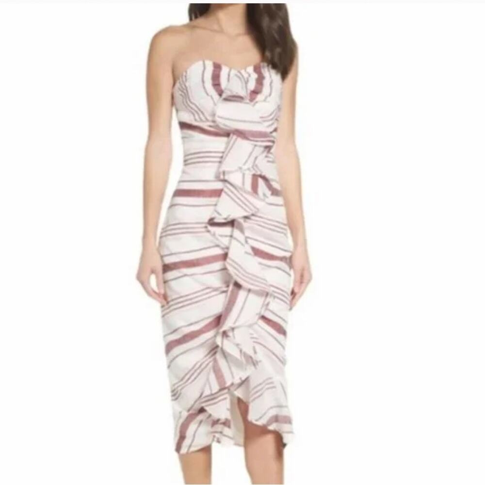 C/MEO Collective Striped Ruffle Strapless MIDI Dress size Medium